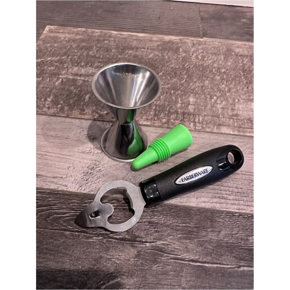 Farberware Black Handle Bottle Opener with Silver Jigger and Green Wine Stopper